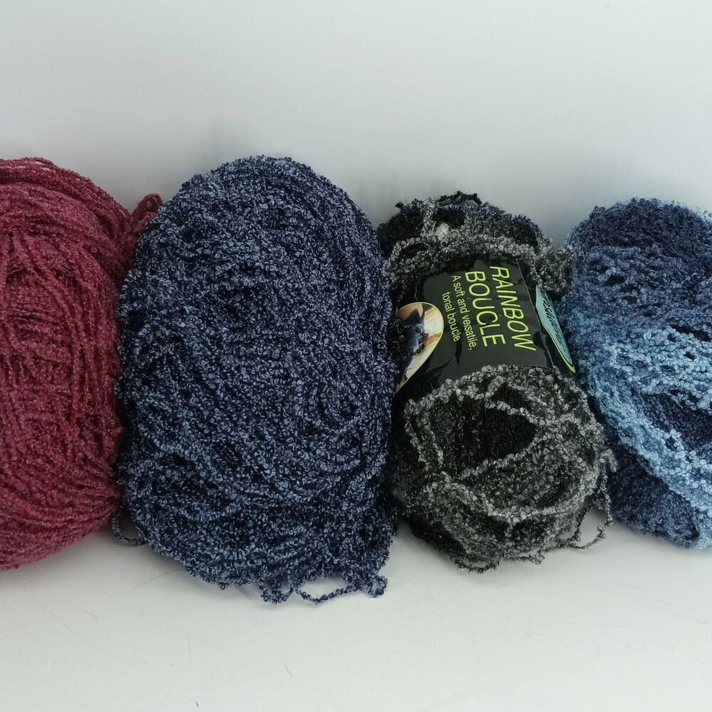 4X Sensations Rainbow Boucle Yarn Lot Of 4 Gray 11 oz Red Blue (Partials)